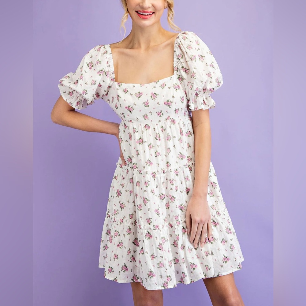 White puff sleeve dress with pink flowers
